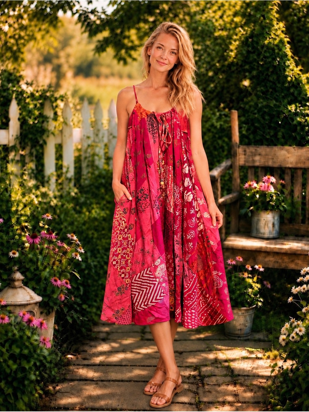 🦚 JG-55 Jaded Gypsy Patchwork Boho Midi Dress L/XL